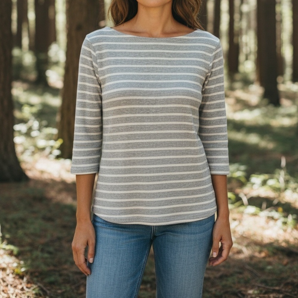 L.L. Bean Women’s Medium Striped Ribbed Knit Top Boat Neck 3/4 Sleeve Classic